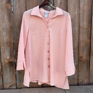 MULTIPLES Women’s Pink Peach Textured Button Down Tunic Top Shirt Size Medium